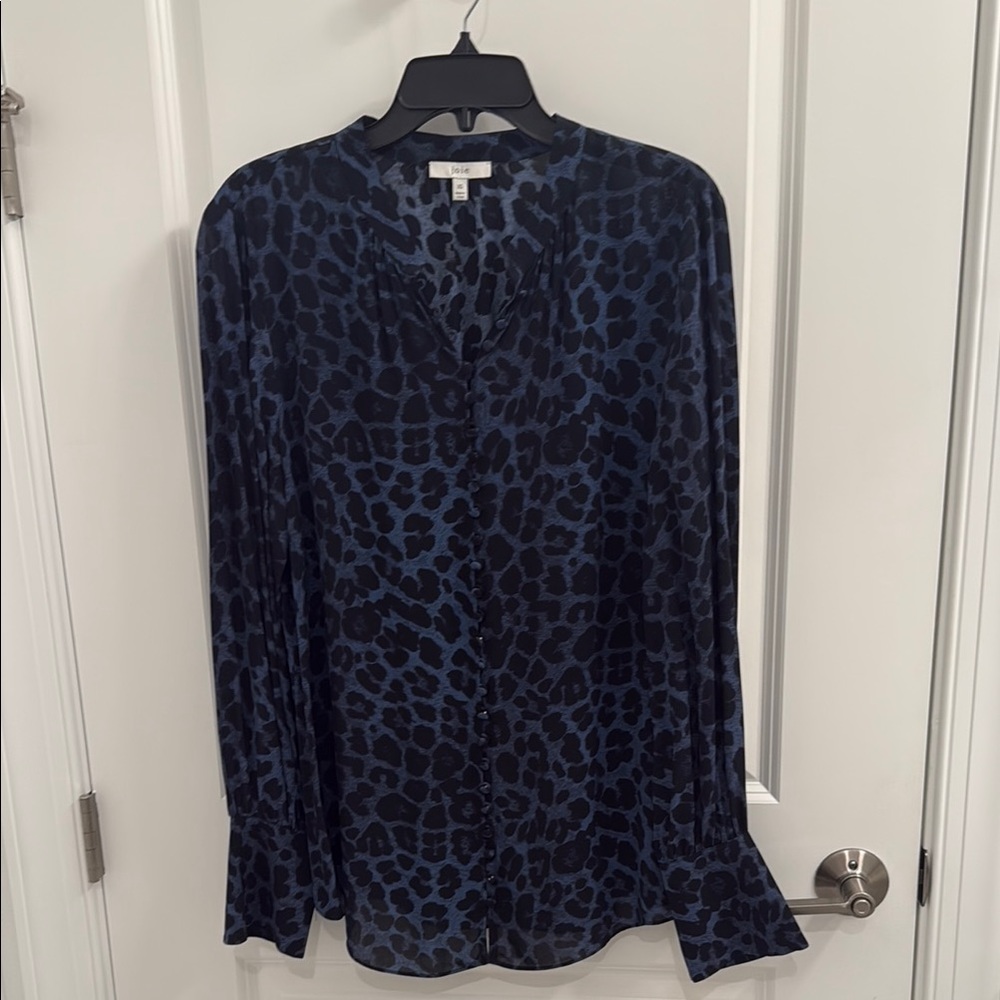 Joie Blue Long Sleeve Mandarin Collar Blouse